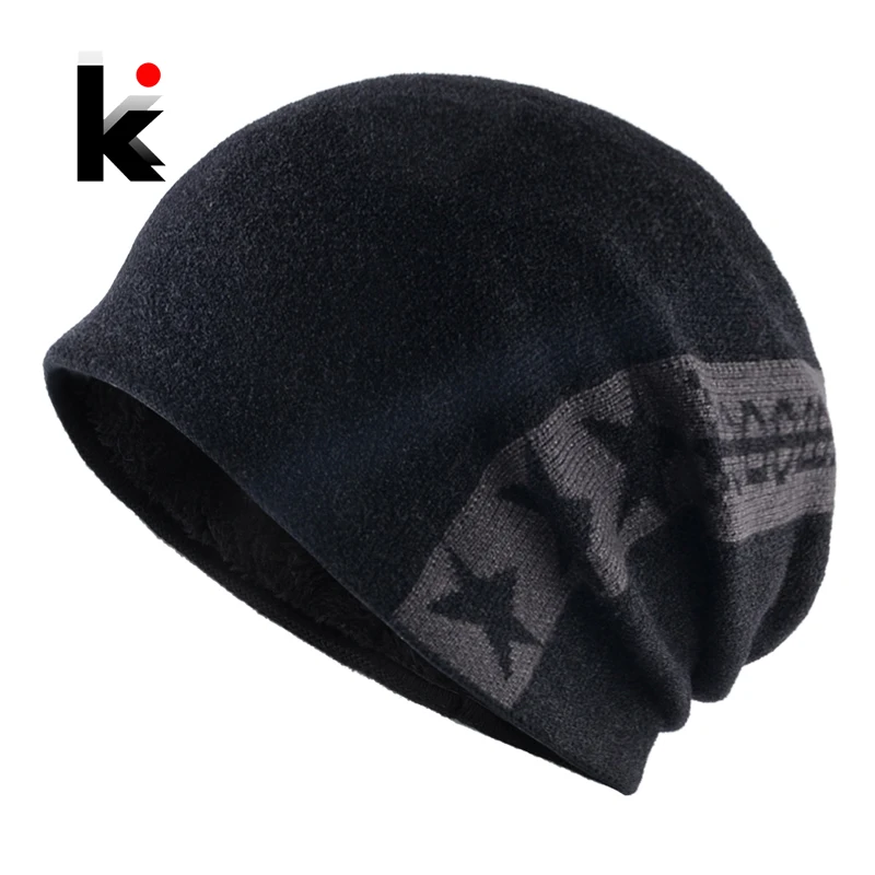 

Fashion Skullies Beanie Men Warm Knitted Hat Winter Thick Beanies Double Layer Knit Stars Hip Hop Gorras Solid Color Bonnet Hats