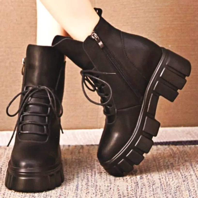 

EUR34-EUR39 Increasing Height Military Women Comfort Cow Leather Platform Wedge Ankle Boots Lace Up High Heels Shoes Casual