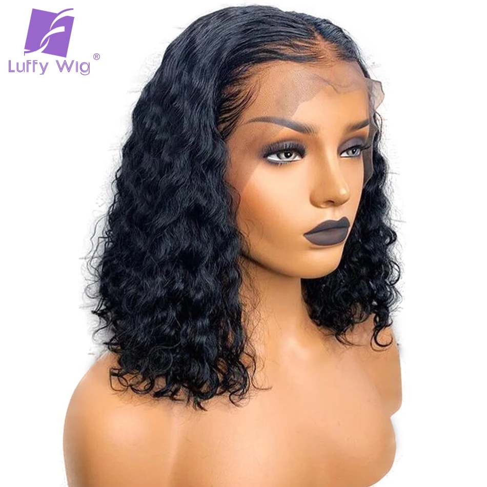 Фото Short Curly Human Hair Wigs 13x6 Brazilian Remy Lace Front Wig Gluless 200% Density HD Transparent Pre plucked LUFFY | Шиньоны и парики