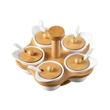 Rotating Spice Jars Set Wood Cover Seasoning Box Containers Salt Storage Box With Rack Ceramic Condiment Pot Kitchen Accessories 
Rotating Spice Jars Set Wood Cover Seasoning Box Containers Salt Storage Box With Rack Ceramic Condiment Pot Kitchen Accessories