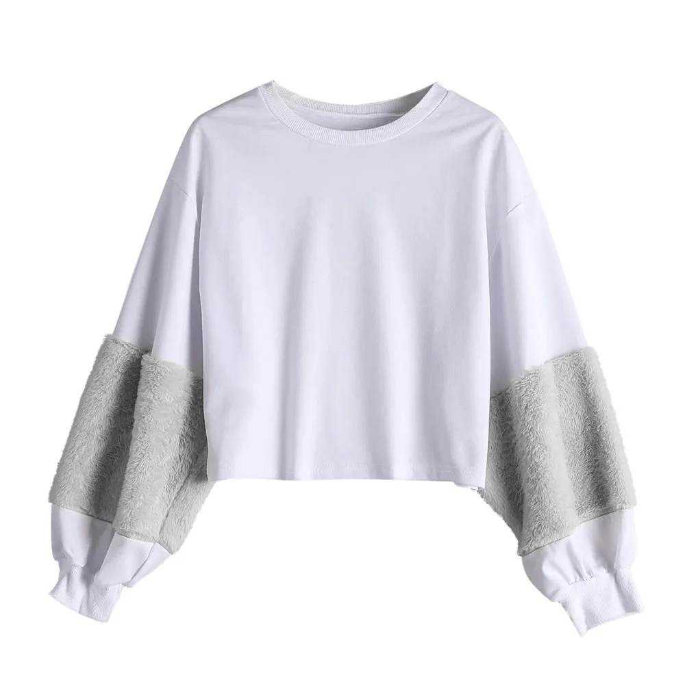 JAYCOSIN Fashion Women Casual Simple White Plush Sleeves Loose Sweatshirt European Comfortable Soft Pullover Top Blouse