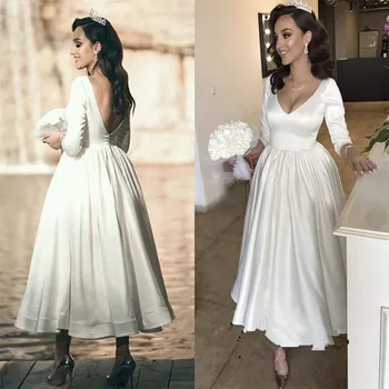 Vintage Tea-length 1920s' Wedding Dresses 2020 Modern Long Sleeve V-neck Simple Stain Backless Bride Wedding Gown Robe De Mariee
Vintage Tea-length 1920s' Wedding Dresses 2020 Modern Long Sleeve V-neck Simple Stain Backless Bride Wedding Gown Robe De Mariee