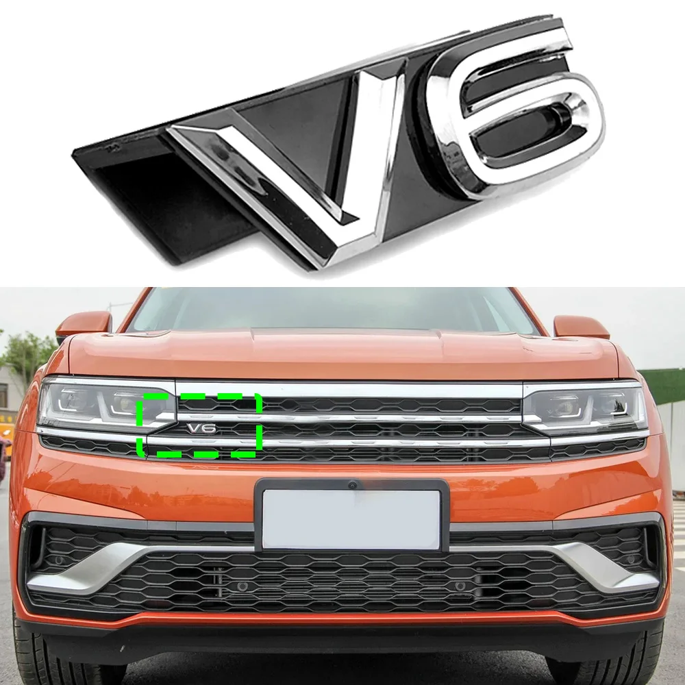 

V6 Emblem Car Grill Font Logo Sticker For Volkswagen VW Touareg Atlas Front Net Network 3D Nameplate Trim Decor Car Tuning