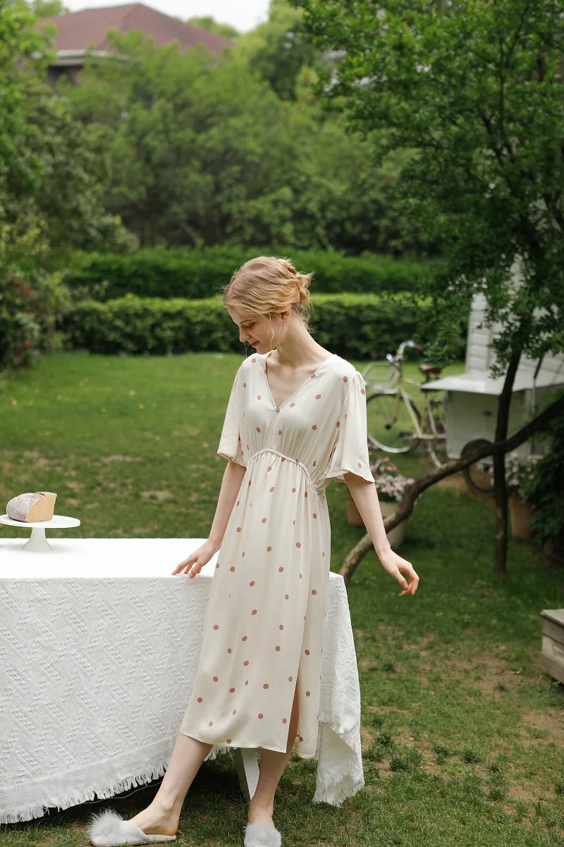 Hanxiuju Summer V- Neck Short Sleeve Nightgowns For Women Soft Viscose Polka Dot Nightwear Ladies Elegant Dress Autumn Spring 6 H99046d8688954c95805fe0c4c1d50d70w