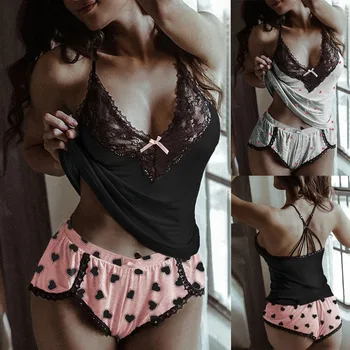 pyjamas women sexy lingerie pijama mujer Women Sexy Lace Trim Pajamas Satin V-Neck Camisole Shorts Set Sleepwear пижама 
pyjamas women sexy lingerie pijama mujer Women Sexy Lace Trim Pajamas Satin V-Neck Camisole Shorts Set Sleepwear пижама