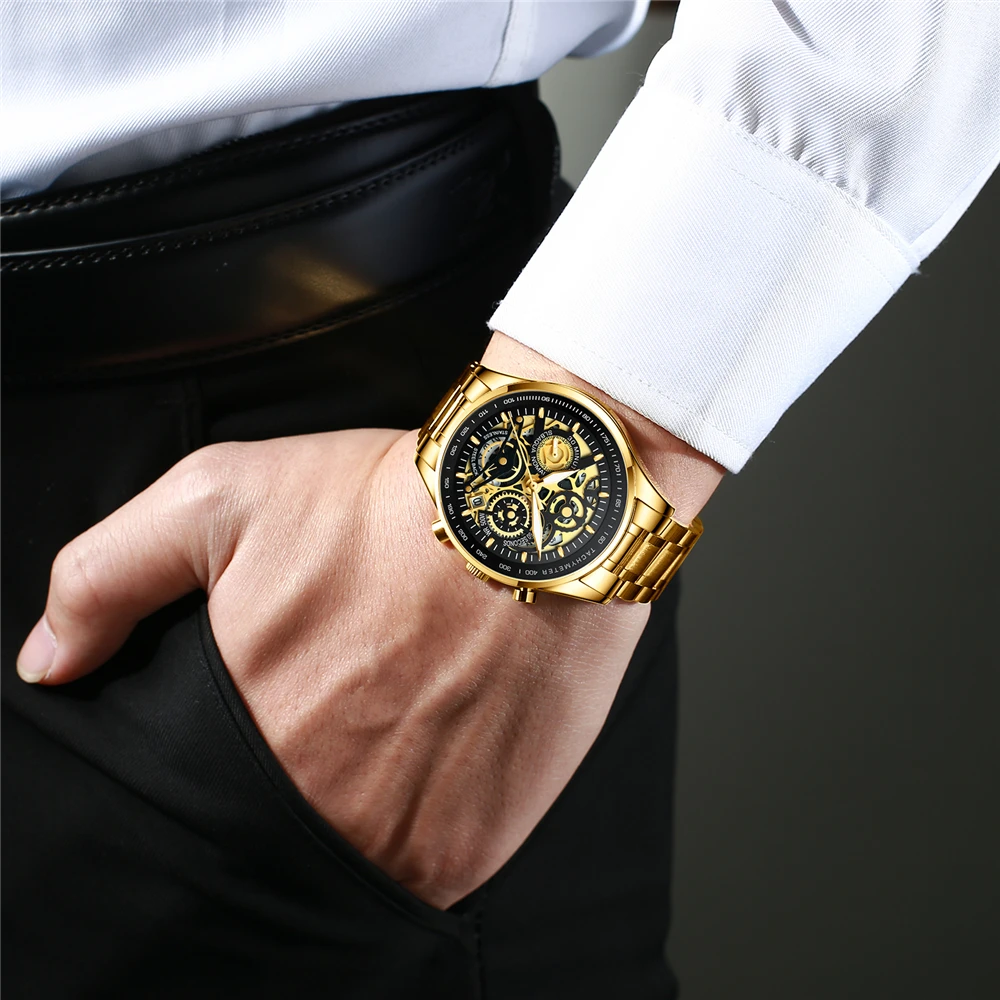NIBOSI Мужские часы от топ бренда роскошные золотые мужские скелетоны бизнес