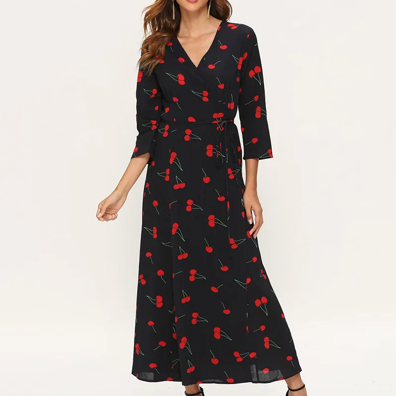 Long Elegant Dress Women Cherry Printed Leisure Three Quarter Sleeve Maxi Dress Side Split V Neck Sexy Wrap Dresses Robe Longue
Long Elegant Dress Women Cherry Printed Leisure Three Quarter Sleeve Maxi Dress Side Split V Neck Sexy Wrap Dresses Robe Longue