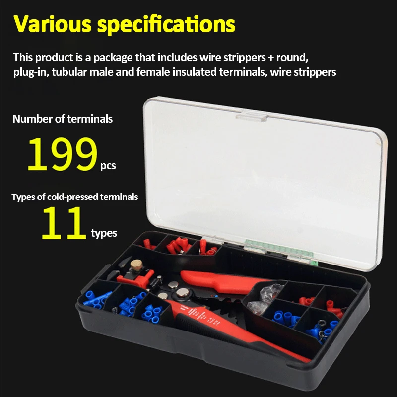 199Pcs Terminal Crimping Tool Set With a Wire Strippers, Multi-Functional Stripping Terminal 0.2-6mm2 AWG24-10 Hand Tools
199Pcs Terminal Crimping Tool Set With a Wire Strippers, Multi-Functional Stripping Terminal 0.2-6mm2 AWG24-10 Hand Tools