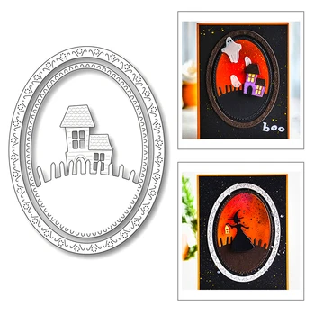 2020 New Halloween Oval Frame Haunted House Background Metal Cutting Dies For Making Greeting Card Paper Scrapbooking No Stamps