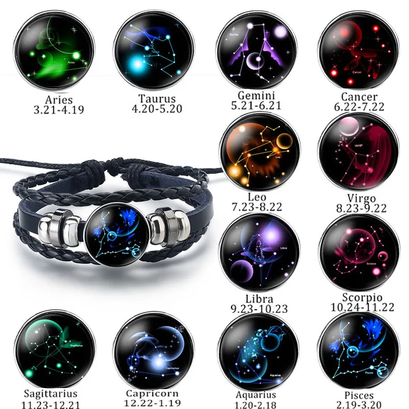 12 Constellation Jewelry with Zodiac Sign Black Braided Leather Bracelet Cancer Leo Virgo Libra Charm Bracelet for Unisex
12 Constellation Jewelry with Zodiac Sign Black Braided Leather Bracelet Cancer Leo Virgo Libra Charm Bracelet for Unisex