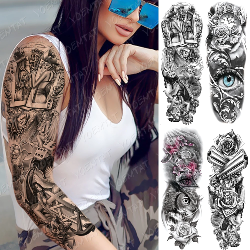 

Large Arm Sleeve Tattoo Mask Clock Angel Crown Waterproof Temporary Tatto Sticker Hexagram Body Art Full Fake Tatoo Women Men