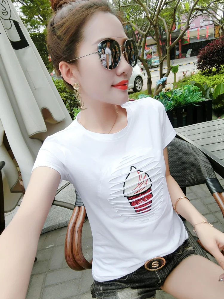 2019 Summer New Slim Fashion Cartoon Embroidered Sequins Women T-shirt Cotton Round Neck Short Sleeve Hole Pink Tops Casual
2019 Summer New Slim Fashion Cartoon Embroidered Sequins Women T-shirt Cotton Round Neck Short Sleeve Hole Pink Tops Casual