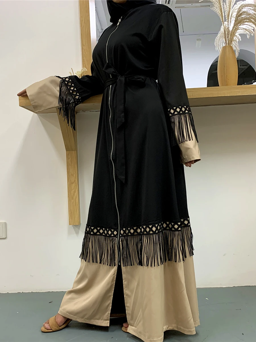 1505#Front Zipper Abaya Tassels Islamic Clothing Turkey Middle East Women Closed Abaya - CHAOMENG MUSLIM SHOP