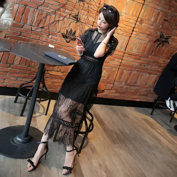 New summer European and American women's fashion casual ear lace 5-point middle sleeve dress E0406 
New summer European and American women's fashion casual ear lace 5-point middle sleeve dress E0406