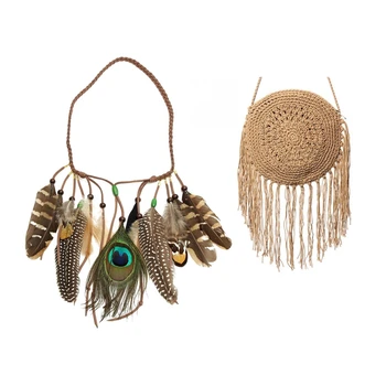 FGGS-Indian Hippie Feather Headband Tassels Waistband Headdress & Woman Round Handbags Handmade Straw Bag with Tassel Rattan Wov
FGGS-Indian Hippie Feather Headband Tassels Waistband Headdress & Woman Round Handbags Handmade Straw Bag with Tassel Rattan Wov