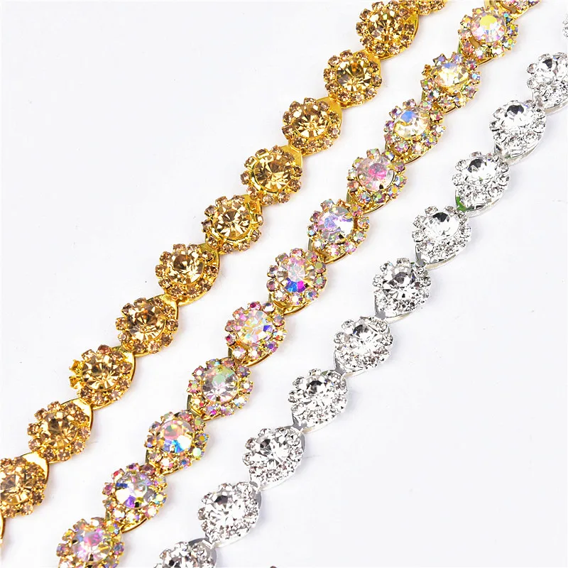 

1 Yard Rhinestone Flower Chain Gold Crystal Ab Color Waist Belt Sew On Clothing Trim Applique For Dress Collar Diy Accessories