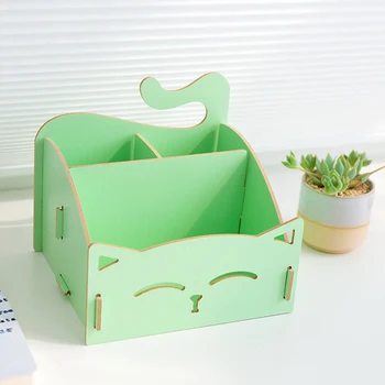 

Solid Wood Office Cat Pattern Desktop Pen Holder Stationery Space Saving Home Combination Assembling Pencil Stand 3 Compartments
