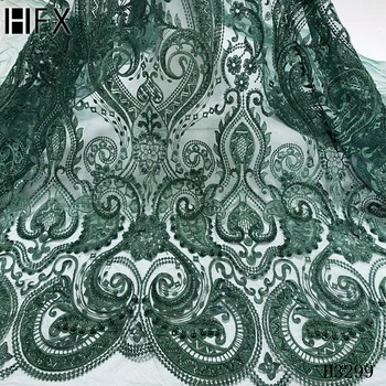 HFX 2020 New design french Lace Fabric with beads Fashion African beaded green Lace Fabric for wedding bride dress H3299