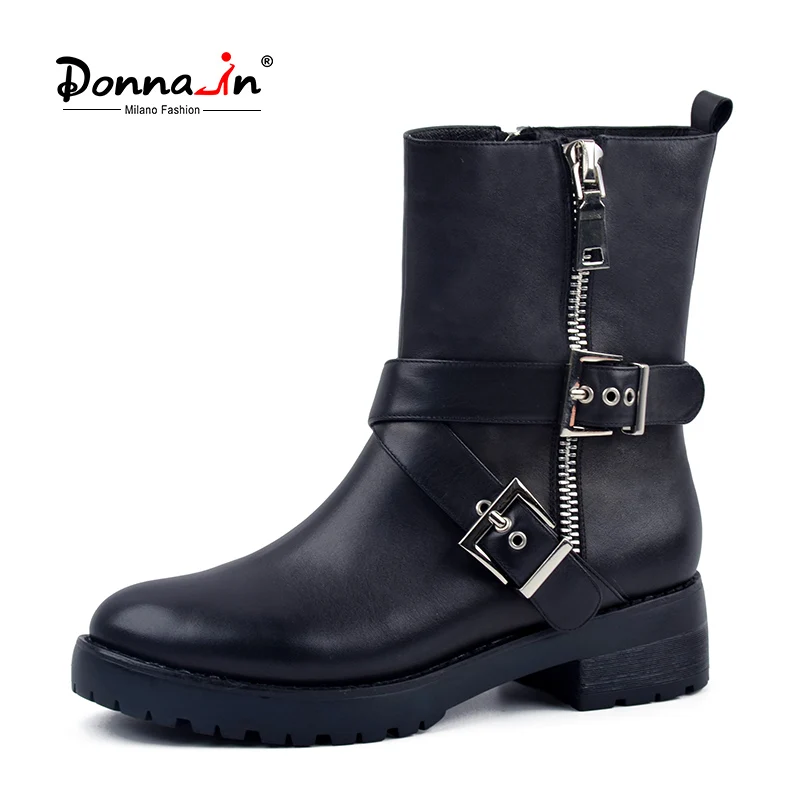 Фото Donna-in Genuine Leather Mid-calf Women Boots Low Heel Wool Lining Winter Snow Shoes 2020 Fashion Metallic Zipper Riding | Обувь