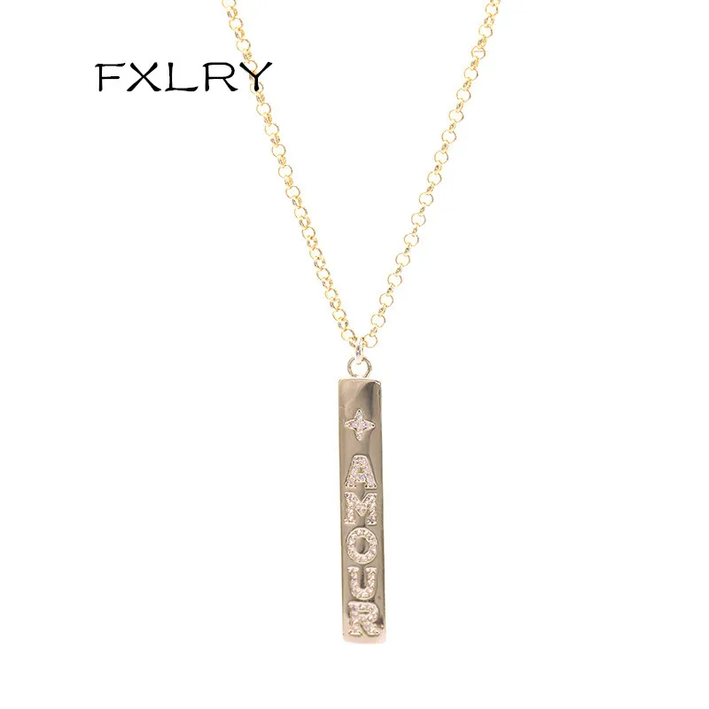 

FXLRY High Quality Gold Letter Rectangular Necklace Fashion Design Cubic Zircon Pendant Lovers Necklace For Women Jewellery