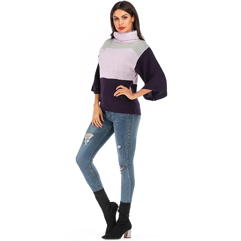 Stitching Knitted Pullver Women Turtleneck Sweaters Female 3/4 Flare Sleeve Pullovers Warm 2019 Autumne winter New Arrival 
Stitching Knitted Pullver Women Turtleneck Sweaters Female 3/4 Flare Sleeve Pullovers Warm 2019 Autumne winter New Arrival