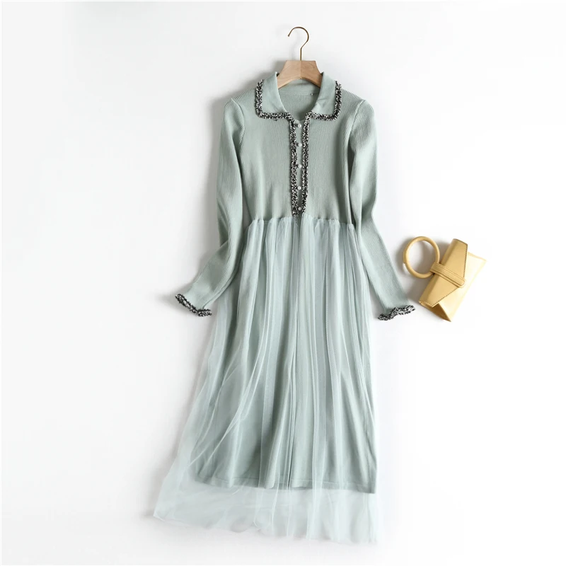 2019 autumn new POLO collar small fragrance wind knit stitching mesh was thin solid color over the knee long dress female
2019 autumn new POLO collar small fragrance wind knit stitching mesh was thin solid color over the knee long dress female