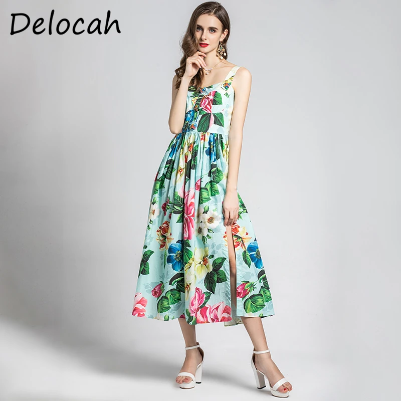 

Delocah Summer Women Fashion RunwayÂ Party A-Line Dress Sexy Spaghetti Strap Button Floral Print High Waist Chiffon Midi Dresses