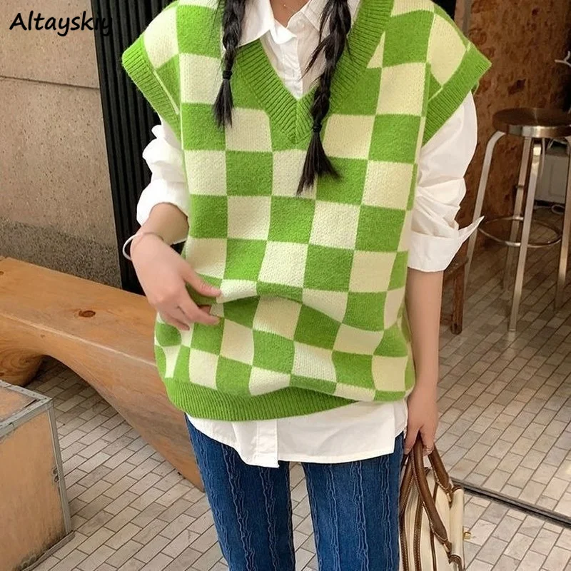 

Women Plaid Sweater Vest Baggy All-match Student Basic V-neck Sleeveless Knitwear Preppy Casual Spring Womens Sweaters Chic Soft