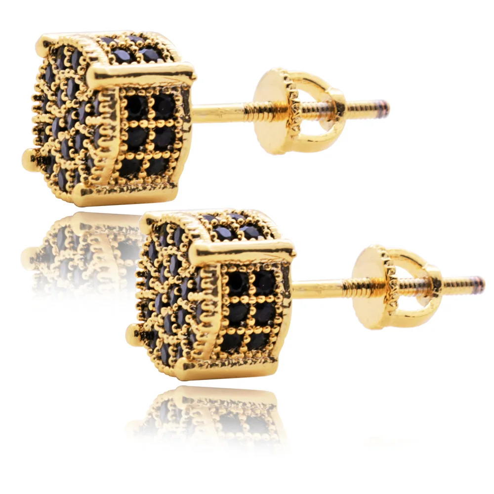 Small 360 Cube Micropave CZ Black Stud Earrings 
