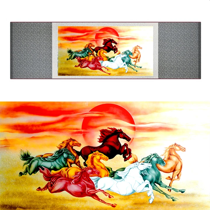 

Высокое качество китайская лошадь шелковая Живопись лошадь искусство живопись шелк прокрутки живопись восемь лошадей painting19062806
