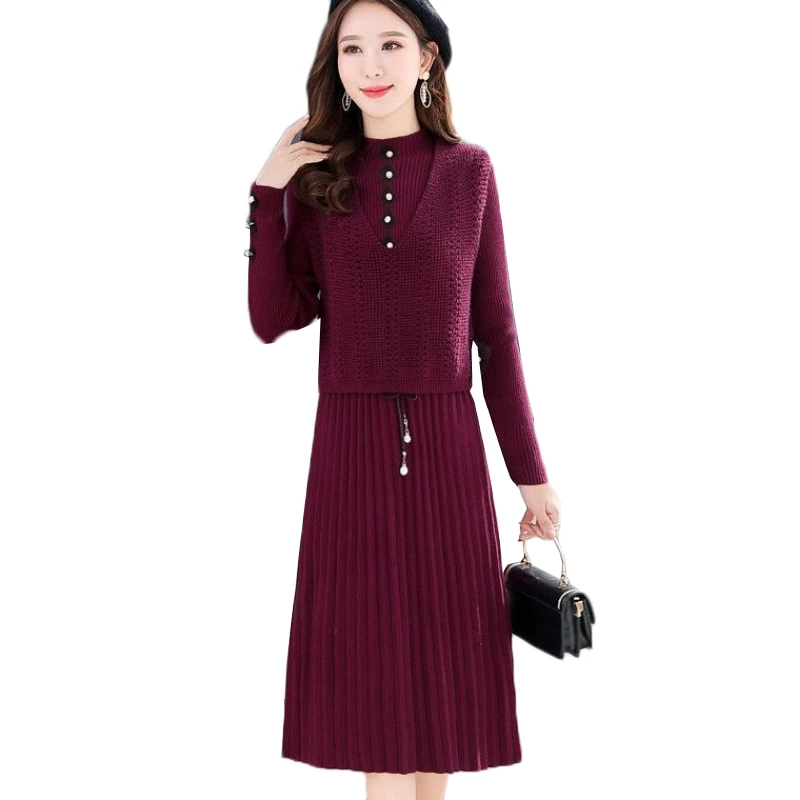 

Autumn Winter Dress Women's New Solid color Pull knitted Dress and V-neck Vest Two-piece Set Elegant Women's Sweater Dress Suit