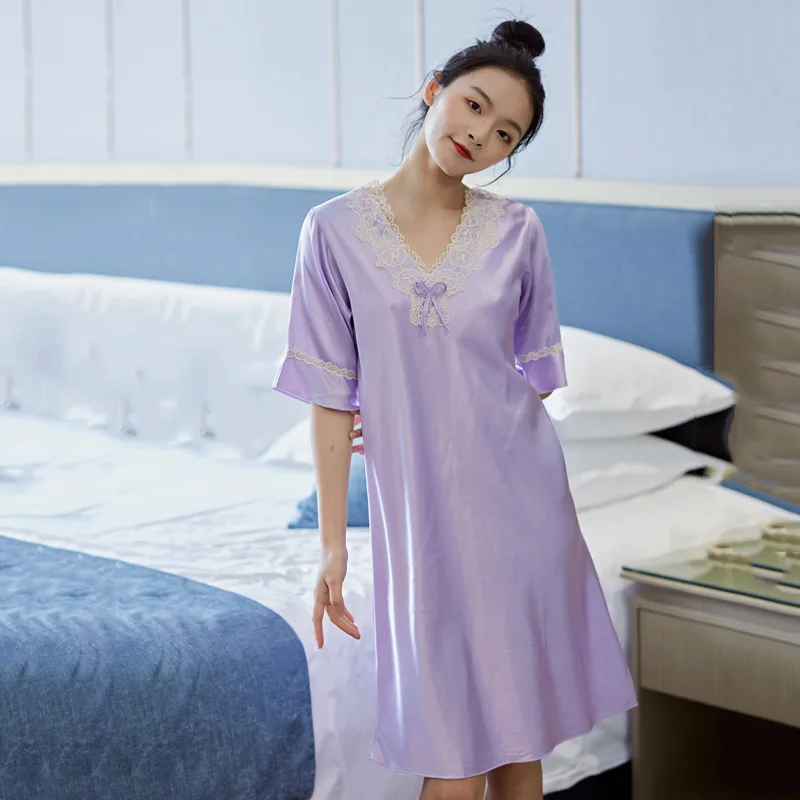 

Summer Thin Sleepdress Loose Satin Nightgown With Bow Lace Nightwear Sexy Short Sleeve Sleepwear Nightdress V-Neck Home Clothes