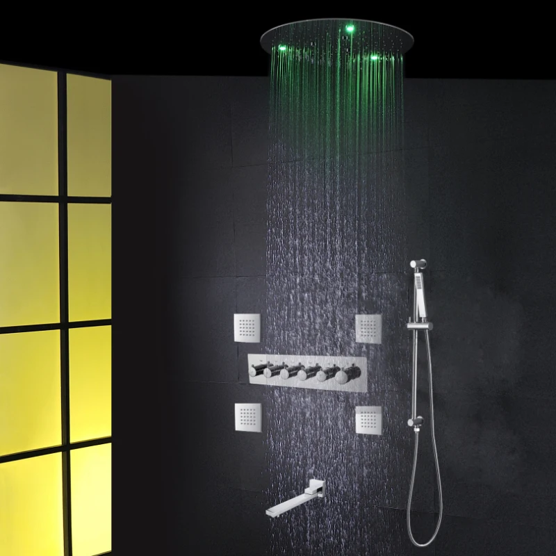 

Bathroom Thermostatic Mixer Mist Rain Chrome Polished LED 50x50 Cm Top-end Shower Combo Set With Handheld