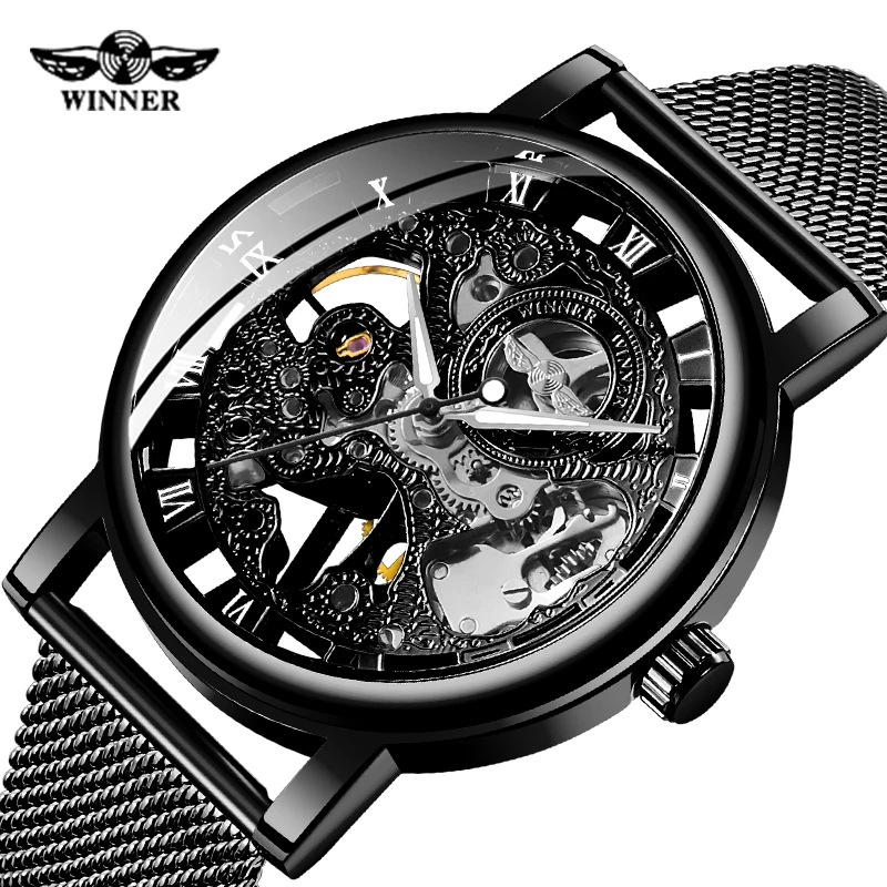 Фото Fashion Brand WINNER Men Mechanical Watch Stainless steel Skeleton Hand wind WristwatchRelogio Masculino | Наручные часы
