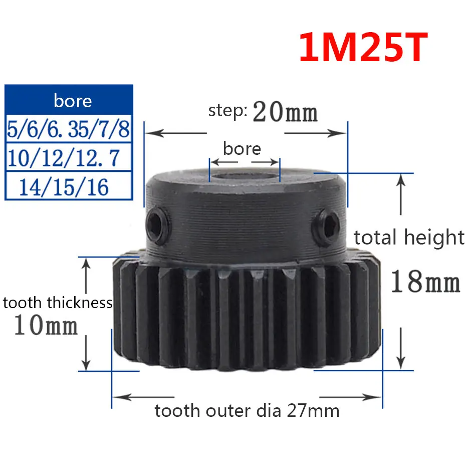 1/2/5/10/20PCS 1M 25T Spur Gear Pinion Bore 8mm Step 20mm Surface Black Motor 1 Modulus Tooth 25 Outer Diameter 27mm | Обустройство
