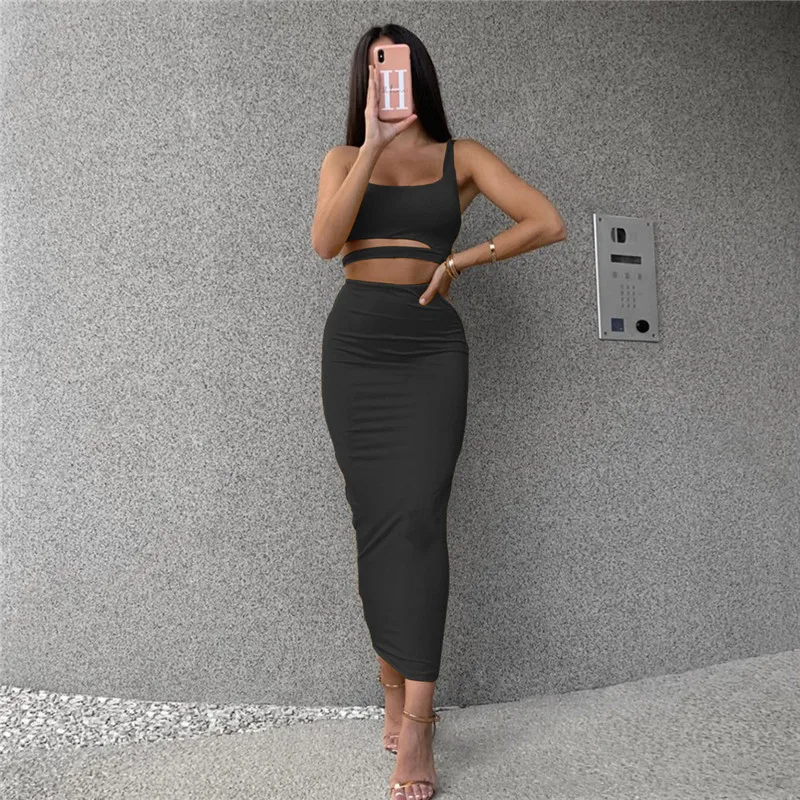 FSDA Two Piece Set Summer Spaghetti Strap Crop Top Party And Midi Bodycon Skirt Club Outfit Black White Women Set Sey