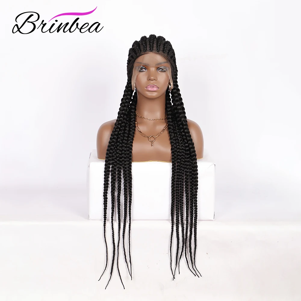 Фото Brinbea 35" Box Braided Wig Full Lace Front Long Cornrow Synthetic 360 Braids Hair Baby For Black Women | Шиньоны и парики