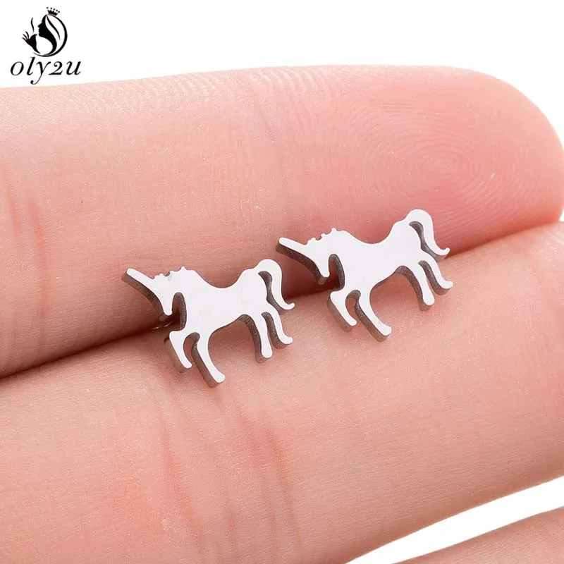 Oly2u Unique Charm Jewelry Cute Unicorn Earrings for Women Stainless Steel Animal Horse Stud Earrings oorbellen brinco