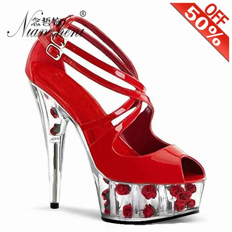 

Novelty Peep toe Shallow Gothic Roman Hollow Women's sandals 6 inches Stiletto heels 15cm Nightclub Pole dancing Elegant Trend