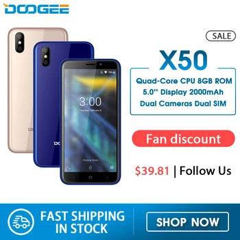 

DOOGEE X50 mobile phone Android 8.1 MTK6580M Quad-Core 1GB RAM 8GB ROM Dual Cameras 5.0inch 2000mAh Dual SIM Smartphone WCDMA