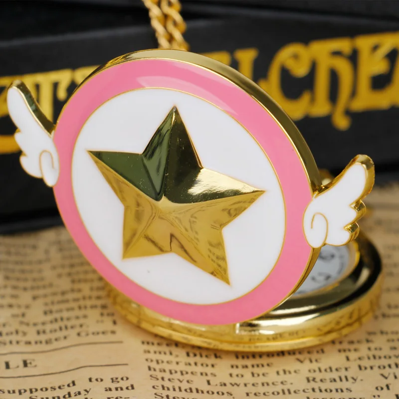 

Magic Scepter Angel Steampunk Fashion Watch Quartz Pocket Watch Star Wings Fob Watch Necklace Fans Series Gift Chain