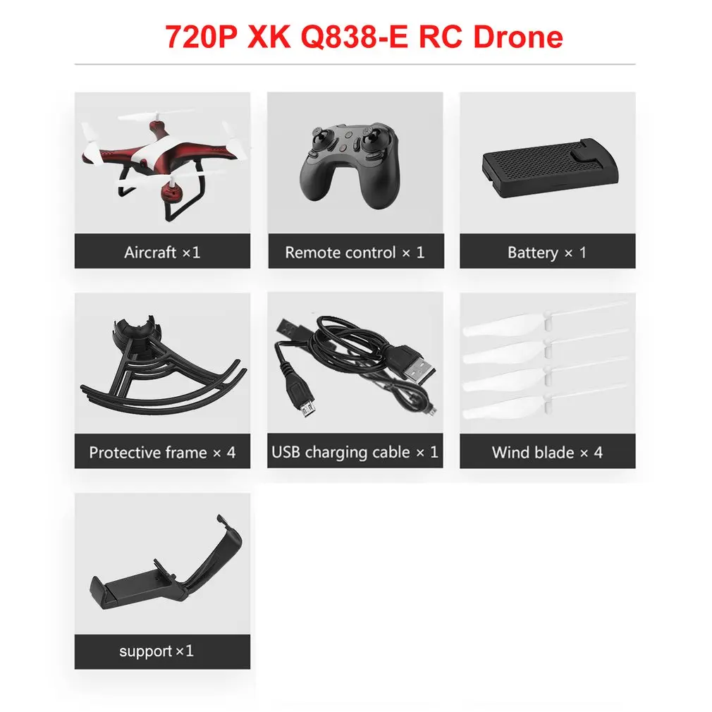 XK Q838-E 2MP 2.4G RC Drone RTF Wifi HD 720P Camera With Altitude Hold Gesture Mode 360 Degree Roll Following Helicopters Toys
XK Q838-E 2MP 2.4G RC Drone RTF Wifi HD 720P Camera With Altitude Hold Gesture Mode 360 Degree Roll Following Helicopters Toys