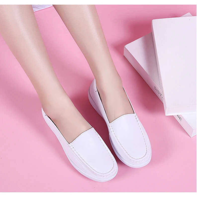 Spring Summer Genuine Leather Women Loafers Comfortable Shoes Hollow Round Toe Slip On Platform White Single Shoes Woman (23)