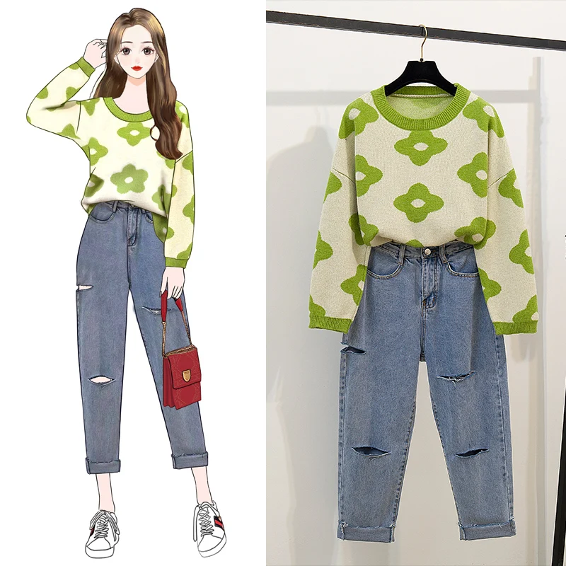 2019 Autumn Casual Two-pieces Set Women Sunflower Pattern Loose Pullover Sweater+Ripped Ankle-Length Hole Denim Jeans Pant Set
2019 Autumn Casual Two-pieces Set Women Sunflower Pattern Loose Pullover Sweater+Ripped Ankle-Length Hole Denim Jeans Pant Set
