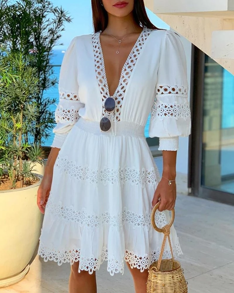 White Deep V Neck Lace Trim Dress Women Half Sleeve Hollow Out Dress Summer 2019 
White Deep V Neck Lace Trim Dress Women Half Sleeve Hollow Out Dress Summer 2019