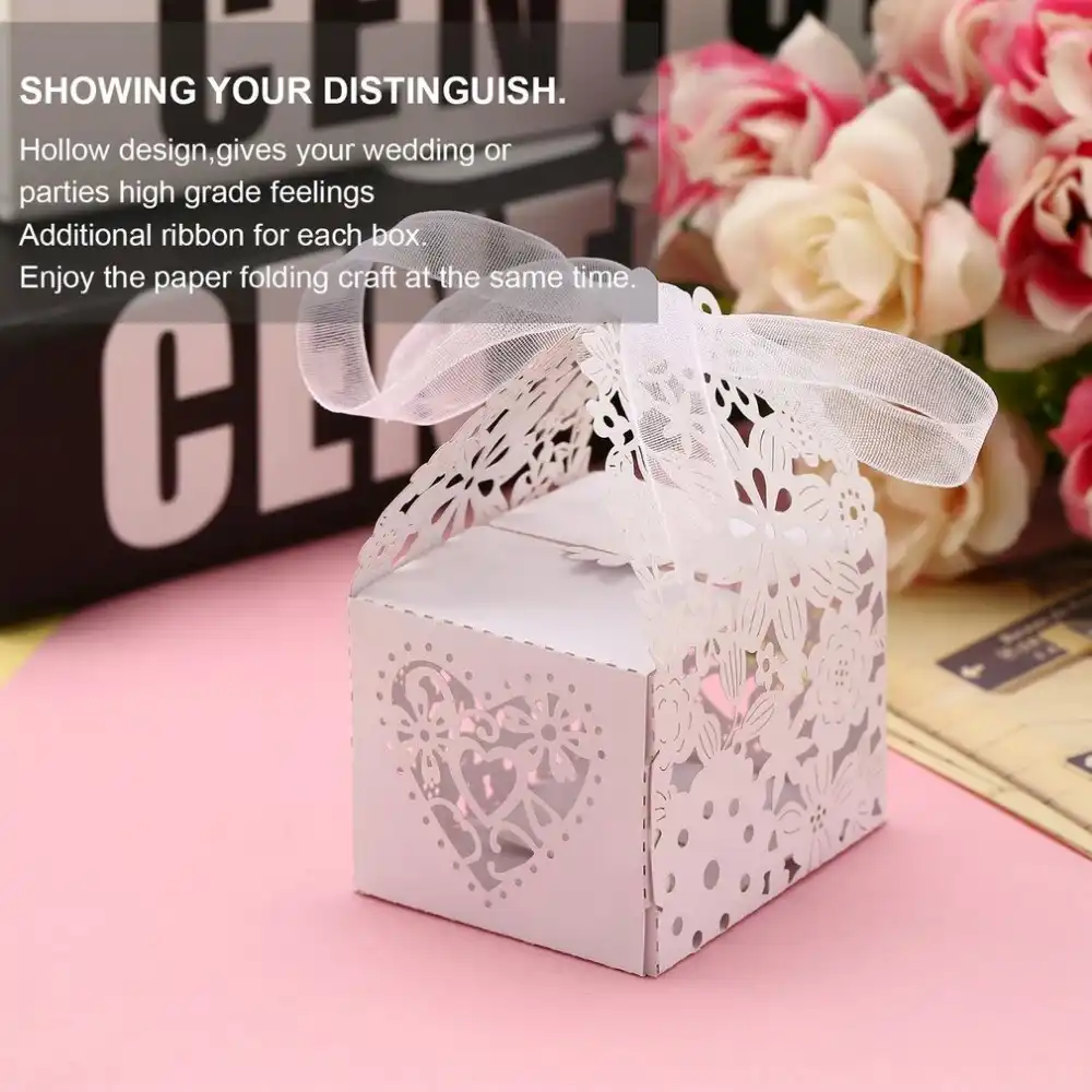 cut hollowed favor candy box with ribbons bridal shower wedding