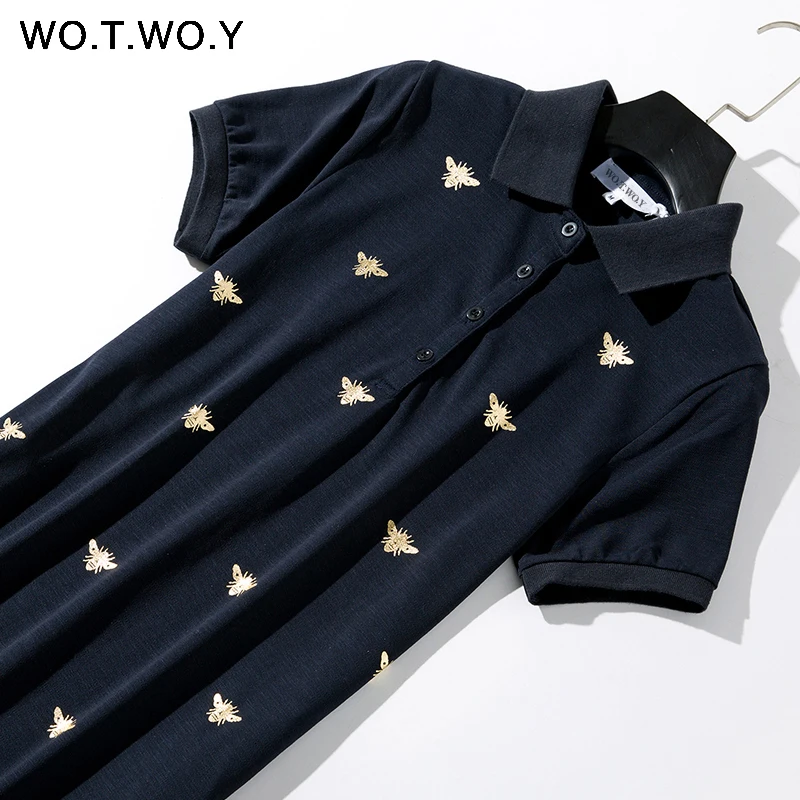 Bee Print Long Knee-Length Shirt Dresses Women 2019 Casual Turn-down Polo Straight Dress Female Pockets Cotton Clothes