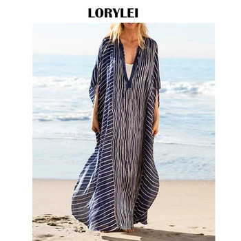 2020 Dark Blue Striped Deep V-Neck Bats Sleeve Loose Summer Dress Beach Kaftan Plus Size Women Beachwear Maxi Dress Sarong Q844 
2020 Dark Blue Striped Deep V-Neck Bats Sleeve Loose Summer Dress Beach Kaftan Plus Size Women Beachwear Maxi Dress Sarong Q844