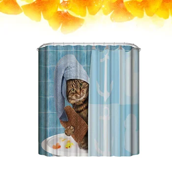 Showering Cat Printing Curtain Polyester Shower Curtain Waterproof Cloth Shower Bathing Curtain Home Shower Room Decoration (150