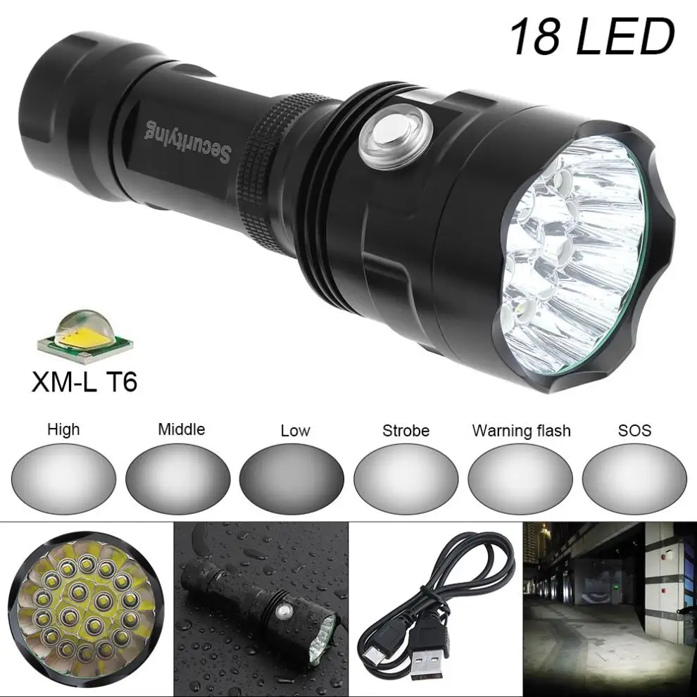 SecurityIng Super Bright 18x XM-L T6 LED 9000 Lumens Waterproof Flashlight Torch with 6 Modes Light USB charging for Outdoor
SecurityIng Super Bright 18x XM-L T6 LED 9000 Lumens Waterproof Flashlight Torch with 6 Modes Light USB charging for Outdoor